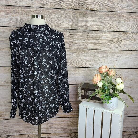 NWT BP Sheer Black Floral Button Down Collar Top Medium - Picture 2 of 6